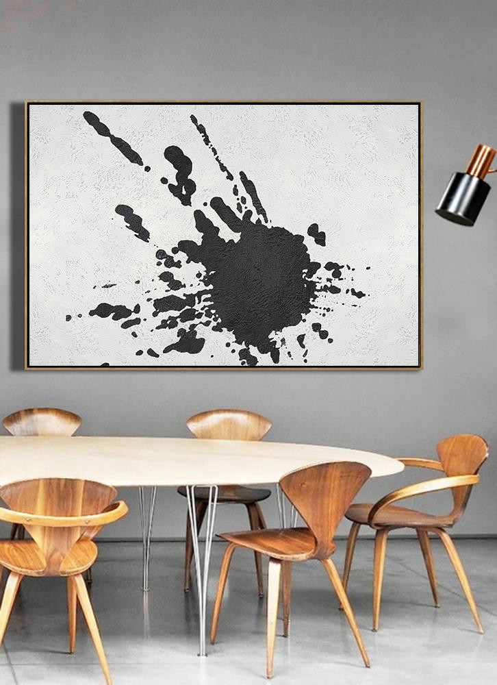 Large Living Room Decor,Oversized Horizontal Minimalist Splash Art On Canvas, Black And White Minimalist Painting - Modern Art Abstract Painting